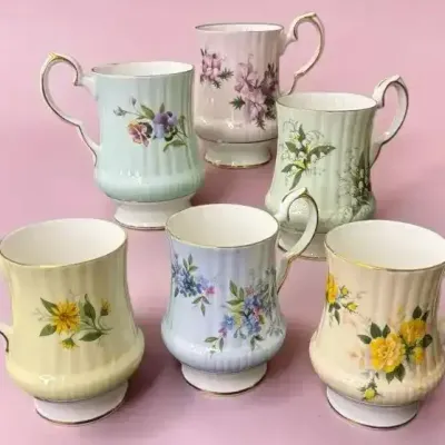 Royal Windsor Fine Bone China England Floral Mugs – Set of 6, Numbered
