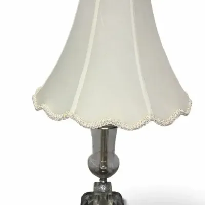 Vintage Etched Glass Table Lamp with Scalloped Fabric Shade