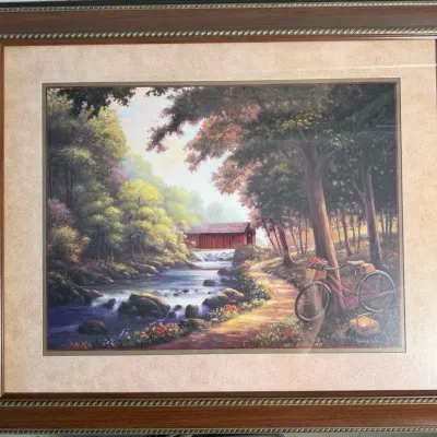 John Zaccheo Covered Bridge & Bicycle Framed Print