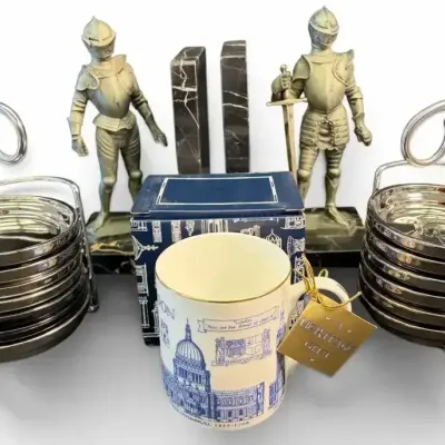 Carrara Marble Knight Bookends, Coasters, & London Souvenir Mug