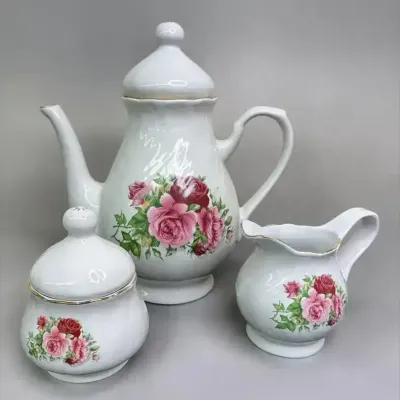 Baum Bros. Formalities Maria Pink Rose Porcelain Coffee Pot, Creamer & Sugar Bowl
