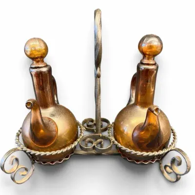 Vintage Amber Glass Cruet Set with Wire Caddy