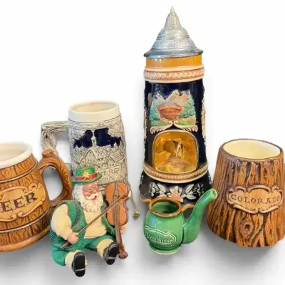 Vintage Beer Steins (Incl. Musical One), Mugs, & Santa Ornament 