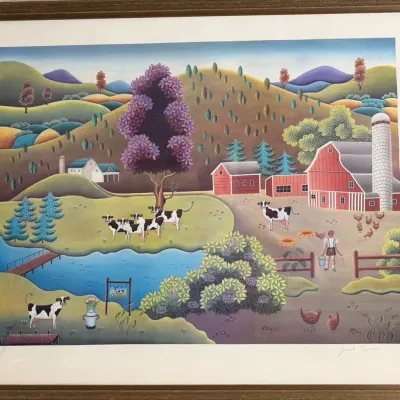 Gisela Fabian Signed Vintage Folk Art Serigraph Print "Dairyville Dreaming" A/P Framed 29x25.5