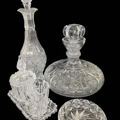 Vintage Cut Crystal Barware/Tableware Set  Decanters, Creamer/Sugar Set, Ashtray/Dish  