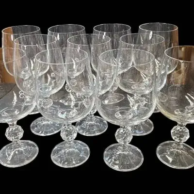 Vintage Crystal Water Goblets / Wine Glasses - Faceted Diamond Knop Stem  (11)