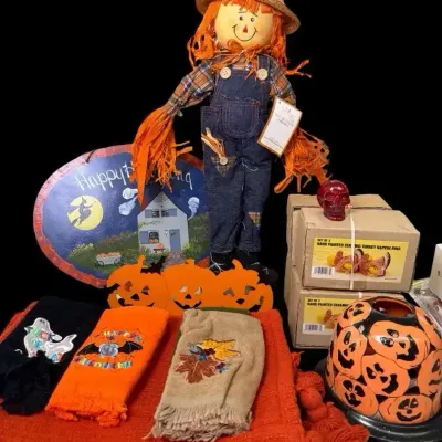 Halloween & Fall Décor Lot with Scarecrow, Linens & Turkey Napkin Rings