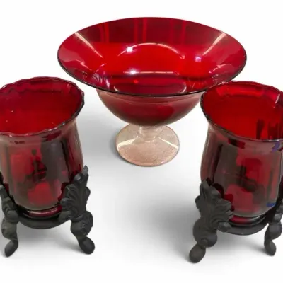 Ruby Red Glass Centerpiece & Pair of Metal-Base Vases