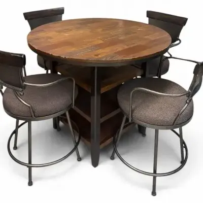 Rustic Industrial Round Pub Table & 4 Upholstered Chairs