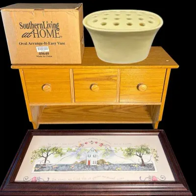 Southern Living Vase, 3-Drawer Shelf & Framed Art