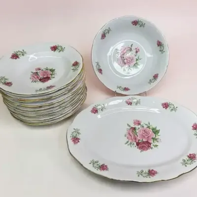 Formalities by Baum Bros. Maria Pink Rose Porcelain Serving Platter & Bowls
