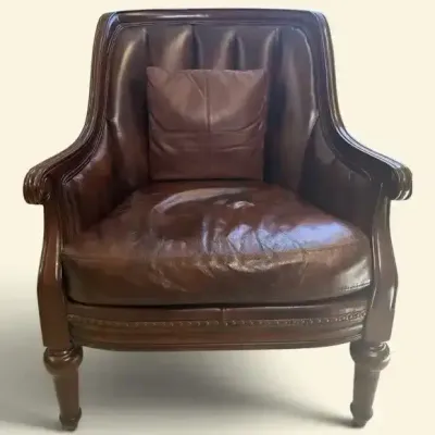 Brown Leather & Wood Accent Chair with Nailhead Trim