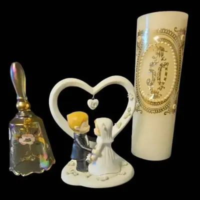 Vintage 50th Anniversary Fenton Hand-Painted Glass Bell, C&R Bride/Groom Cake Topper & Candle
