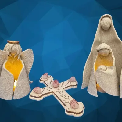 Hand Crafted Nativity Set, Angel, & Cross By B Marie