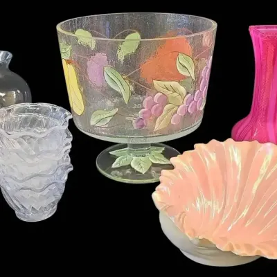 Hand-Painted Fruit Bowl, Iridescent Shell Dish, Vases & Dessert Cups  