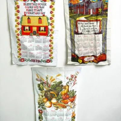 Vintage 1977, 1979 & 1980 Linen Calendar Tea Towels – Farmhouse, Bless This House & Harvest – Set of