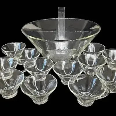 Mid-Century Modern Clear Glass Punch Bowl Set  Large Bowl, Plastic Ladle & 12 Matching Cups  
