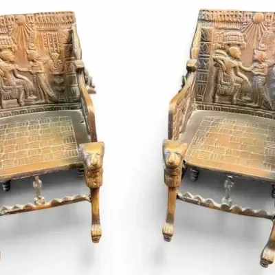 Pair of Miniature Egyptian Revival King Tut Brass Throne Chairs