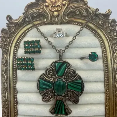 Vintage Irish Sterling Silver 925 Claddagh Ring & Green Celtic Jewelry Lot