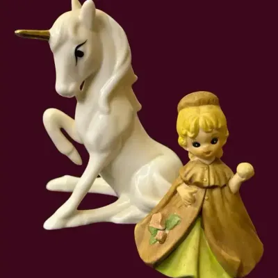 Vintage Enesco White Unicorn Figurine with Gold-Tone Horn & Josef Originals January Birthday Girl 