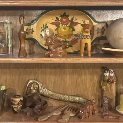 Sale Photo Thumbnail #24: D assorted decore wooden sculptures metal peices