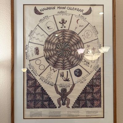 Framed Hawaiian Moon Calendar art print with a light wood frame and white matting.