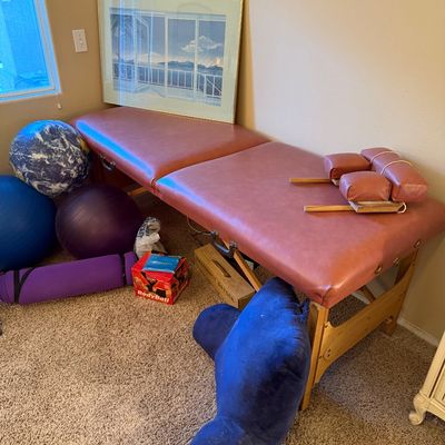 Portable reddish-brown vinyl massage table with wooden legs, alongside various fitness accessories including exercise balls, yoga mats,...