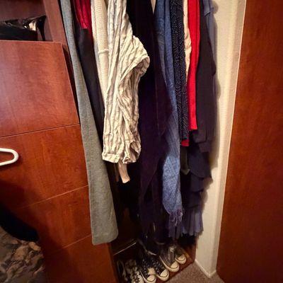 Closet filled with women's hanging clothing, scarves, and several pairs of sneakers lined up at the bottom.