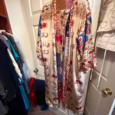 Vintage patchwork silk kimono style robe featuring vibrant Indian pattern motifs and a contrasting patterned lining.