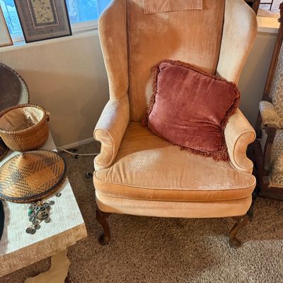 Vintage peach velvet wingback armchair with cabriole legs, styled with a fringed accent pillow.