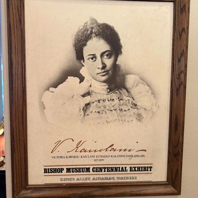 Framed Bishop Museum Centennial Exhibit poster featuring Princess Ka'iulani, presented in a dark oak wooden frame.