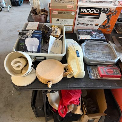 Collection of household goods and power tools, including a Ridgid 18V drill/driver in its original box, a Webber airless electric paint...