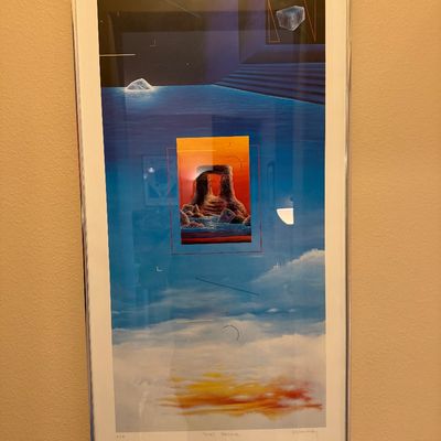 Framed surrealist artwork titled "Time's Passage" by McCartney, featuring geometric landscape imagery housed in a thin...