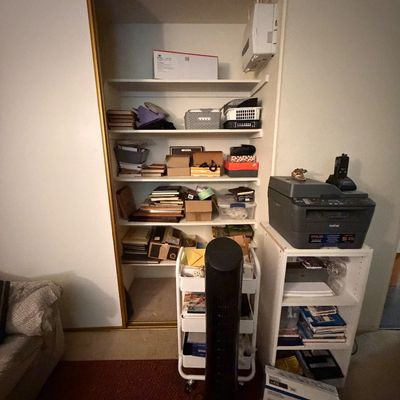 Home office organizer unit, Brother multi-function printer, black Lasko tower fan, and white rolling utility cart alongside closet shelving.