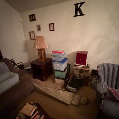 Living room area featuring a tufted upholstered armchair, stacked plastic storage totes, side tables, lamps, and a rolled-up area rug.
