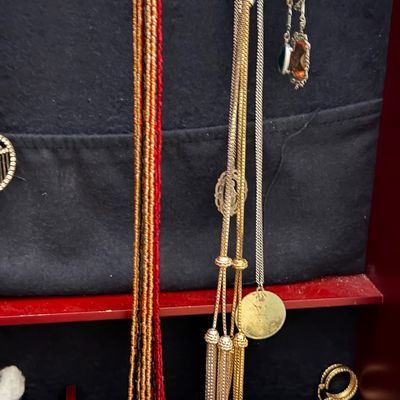 Collection of vintage costume jewelry hanging inside a case, featuring multi-strand beaded necklaces, chain necklaces with locket and...