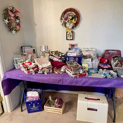 Sale Photo Thumbnail #20: Assorted crafting supplies, quilt fabrics, and sewing notions