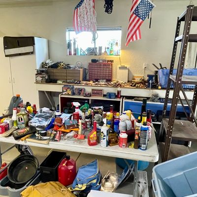 Sale Photo Thumbnail #31: Various tools, automotive fluids, hardware organizers, a metal shelving unit
