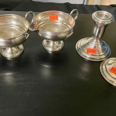 Sale Photo Thumbnail #26: Sterling silver candlesticks and cream and sugar set