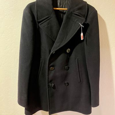 Sale Photo Thumbnail #22: Vintage dark navy wool double-breasted pea coat with classic anchor buttons