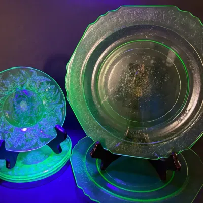 Green Uranium Depression Glass Plates - 6 & 10” Diameter