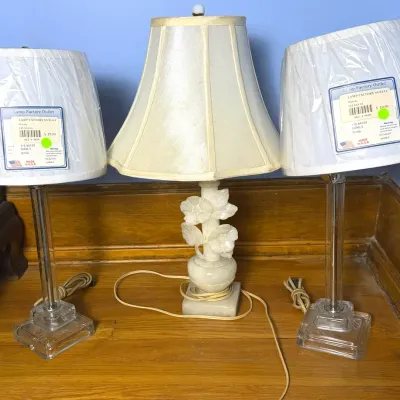 Vintage Petite Table Lamps: Carved Alabaster & Glass Column Pair