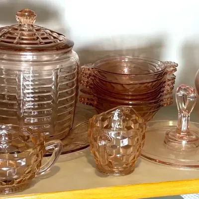 Vintage Pink Depression Glass Biscuit Jars, Bowls & More