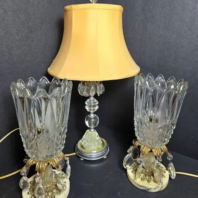 Cut Glass Lustres 12.5” & Glass Boudoir Lamp With Prisms 22”
