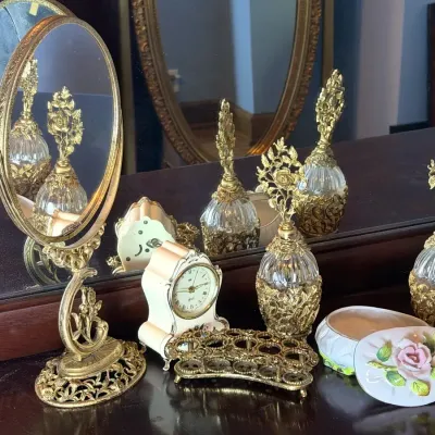 Vintage Ormolu Vanity Set With Matson Lipstick Holder, Reuge Music Box Clock, More