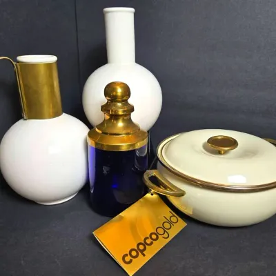 Unused Copco Gold Dutch Oven Plus Cobalt Blue Glass Candy Jar & Kenilworth Ewer