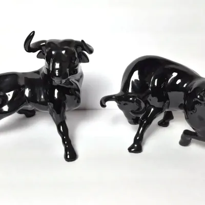 Midcentury Black Ceramic Bull Figurines 
