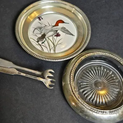 Sterling Silver Tongs & Sterling Rimmed Coasters