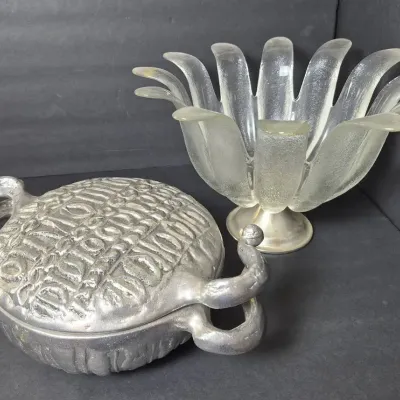 Don Drumm Cast Aluminum Casserole & West German Glass & Metal Centerpiece Bowl
