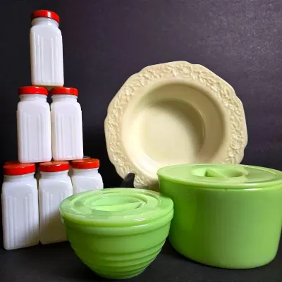 Indiana Uranium Custard Glass Bowl, Jadeite Uranium Refrigerator Boxes & Milk Glass Spice Jars